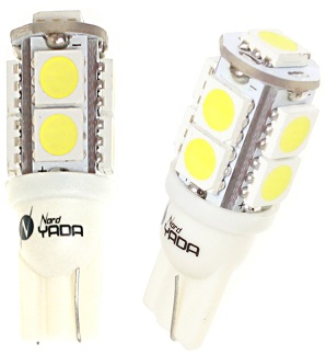 Лампа светодиод Т10 (12-5 габариты б/цок.) W5W 12V белая 9SMD "YADA"